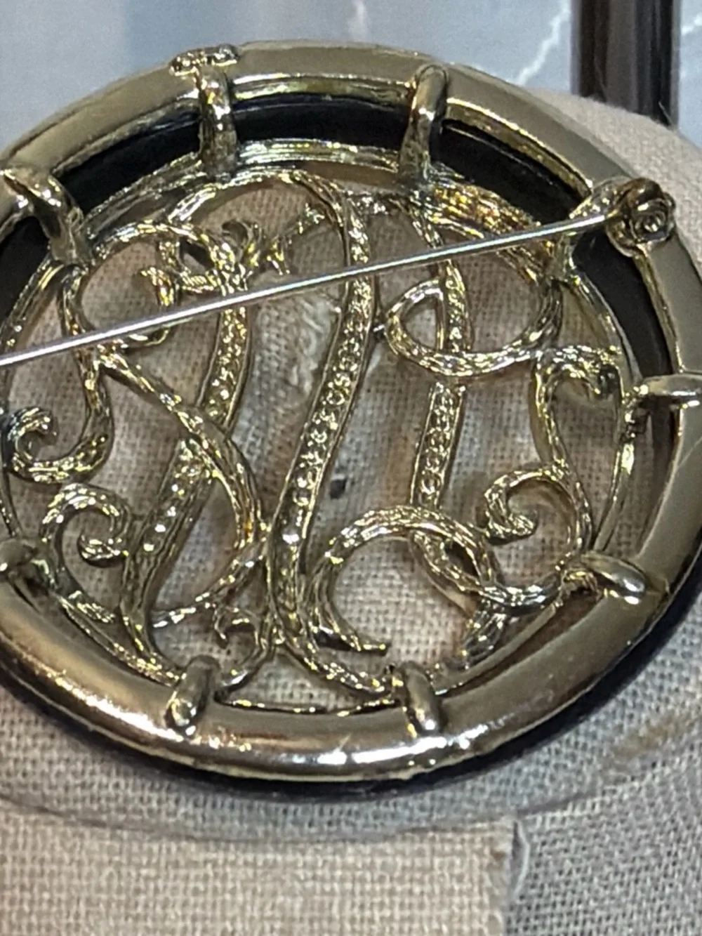 Vintage Gold tone Filigree Brooch with Black BakeliteFrame